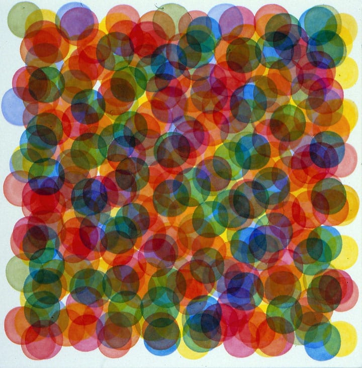 Chromascene Eight, 2004, oil on french polyester, 18 × 18 in, abstract painting by Stephen Giannetti, Davis California