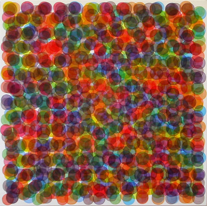 Chromascene Ten, 2005, oil on french polyester, 40 × 40 in, abstract painting by Stephen Giannetti, Davis California