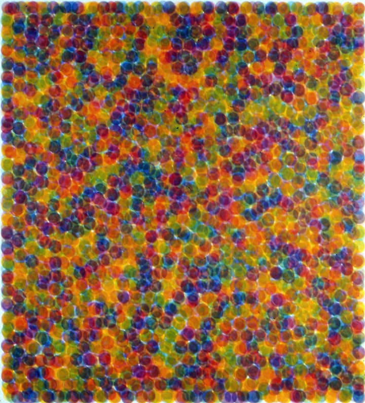 Spectrum of Opposites, Yellow and Purple, 2001, oil on canvas, 60 × 55 in, abstract painting by Stephen Giannetti, Davis California
