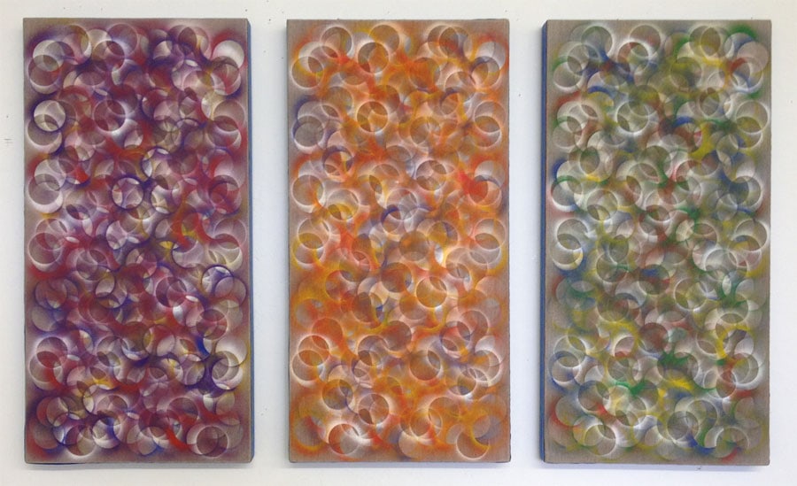 Tertiary Trio, 2012, acrylic on french polyester, 24 × 39 in, abstract painting by Stephen Giannetti, Davis California